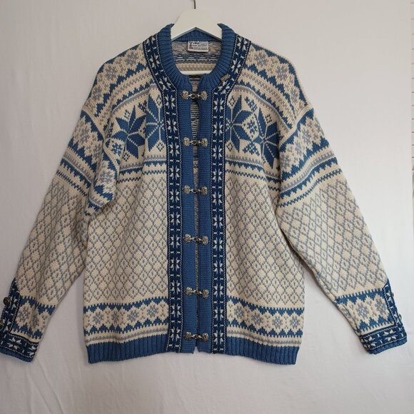 Voss Norwegian Wool Cardigan Sweater Blue White Size Small - Picture 6 of 10
